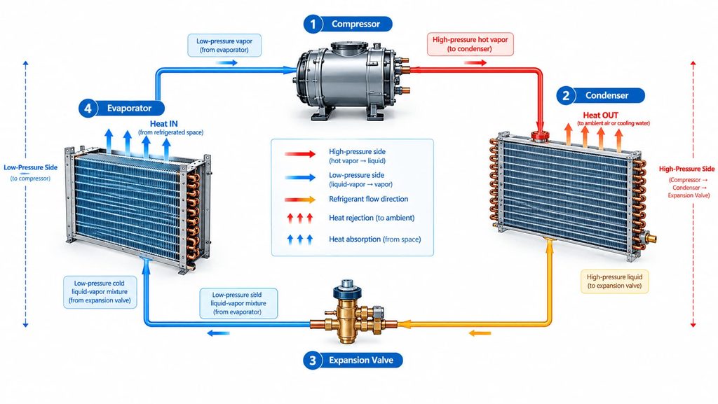 basic vapor compression refrigeration cycle with evaporator condenser compressor and expansion valve