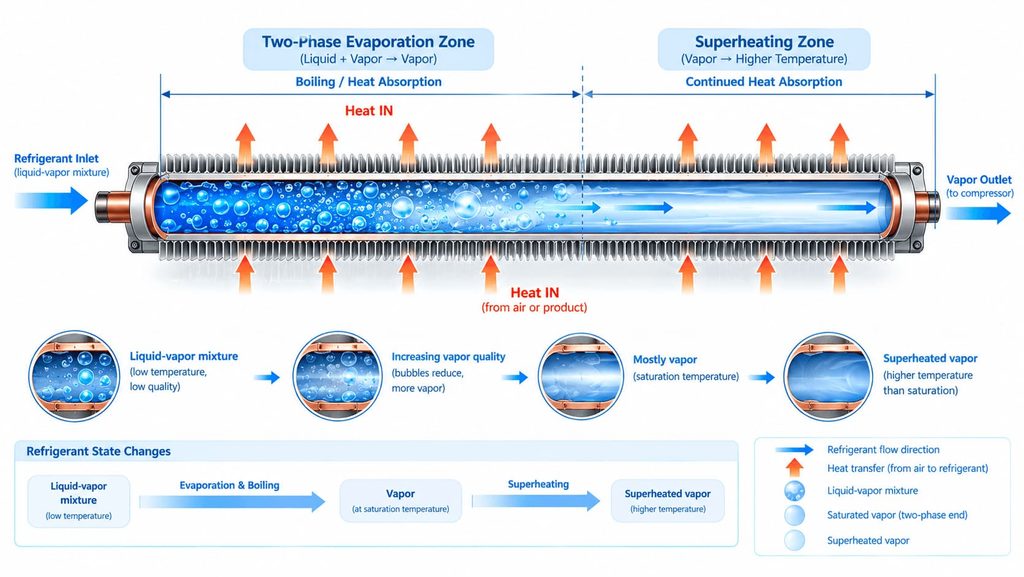 refrigeration evaporator heat transfer zones two phase evaporation and superheating