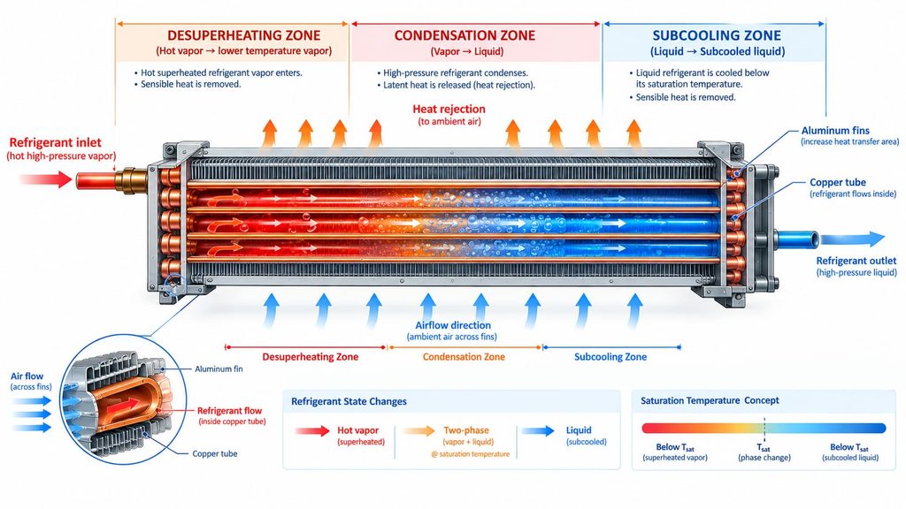 refrigeration condenser desuperheating condensation subcooling zones