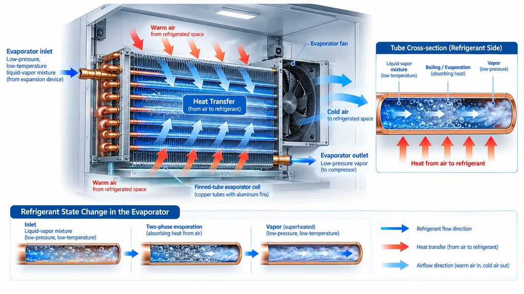 refrigeration evaporator working principle showing refrigerant flow heat transfer and airflow