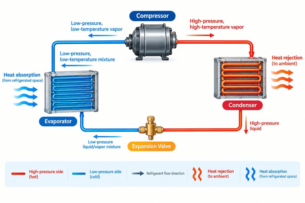 basic vapor compression refrigeration cycle condenser evaporator diagram