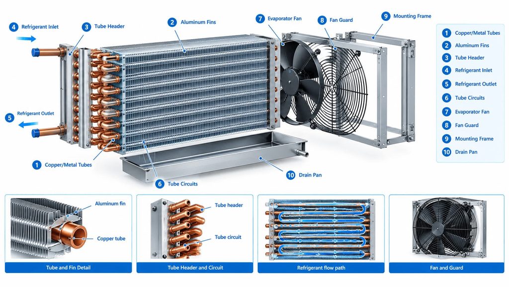 finned tube refrigeration evaporator construction with tubes fins headers inlet outlet and fan